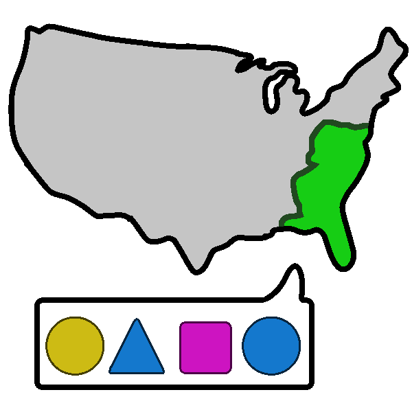 A gray map of the United States with the South Eastern region highlighted in green. Beneath it is a speech bubble with four colorful shapes in it.